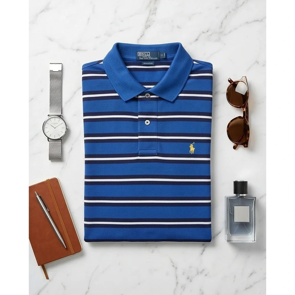 Polo Ralph Lauren M Blue‎ Striped Polo SS Yellow Pony Vtg Classic Fit Casual